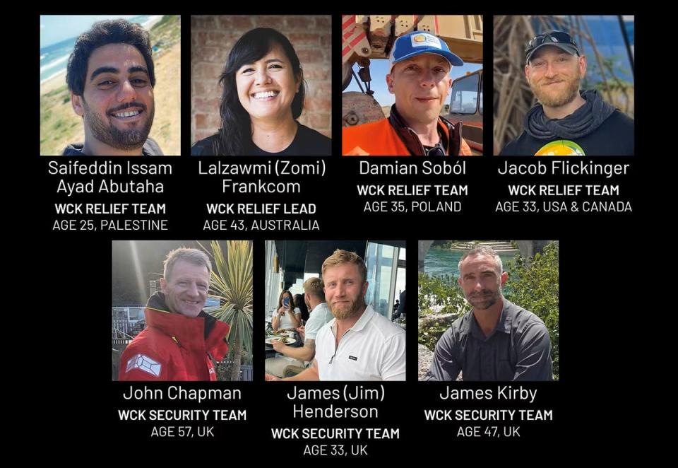 The seven victims of the Israeli strike are pictured (World Central Kitchen/PA)