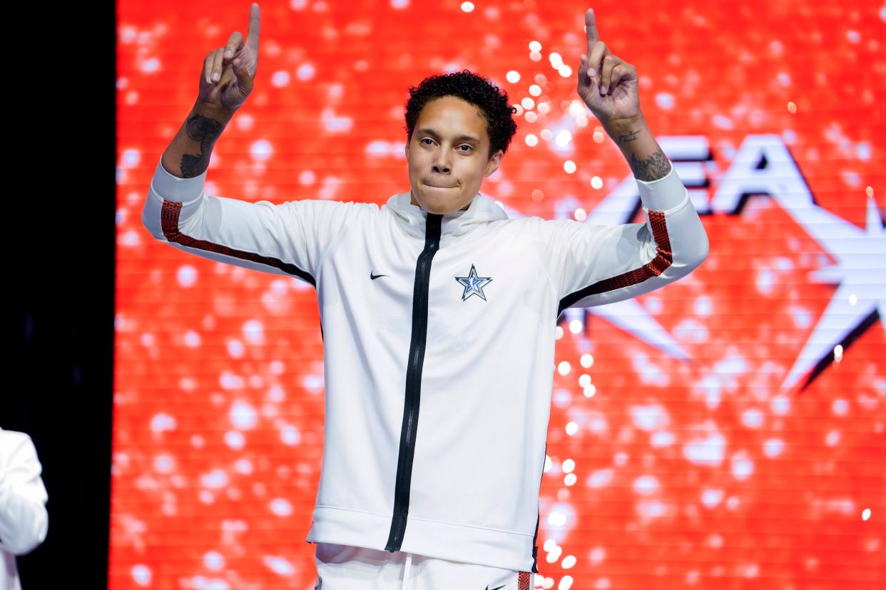 Brittney Griner is introduced prior to the 2023 WNBA All-Star Game at Michelob Ultra Arena in Las Vegas on July 15, 2023.