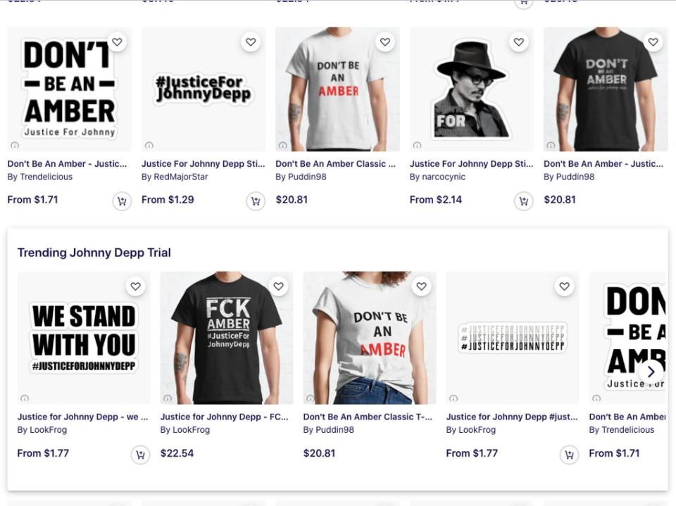 Screenshot of Redbubble’s storefront selling Johnny Depp trial merchandise (Redbubble)