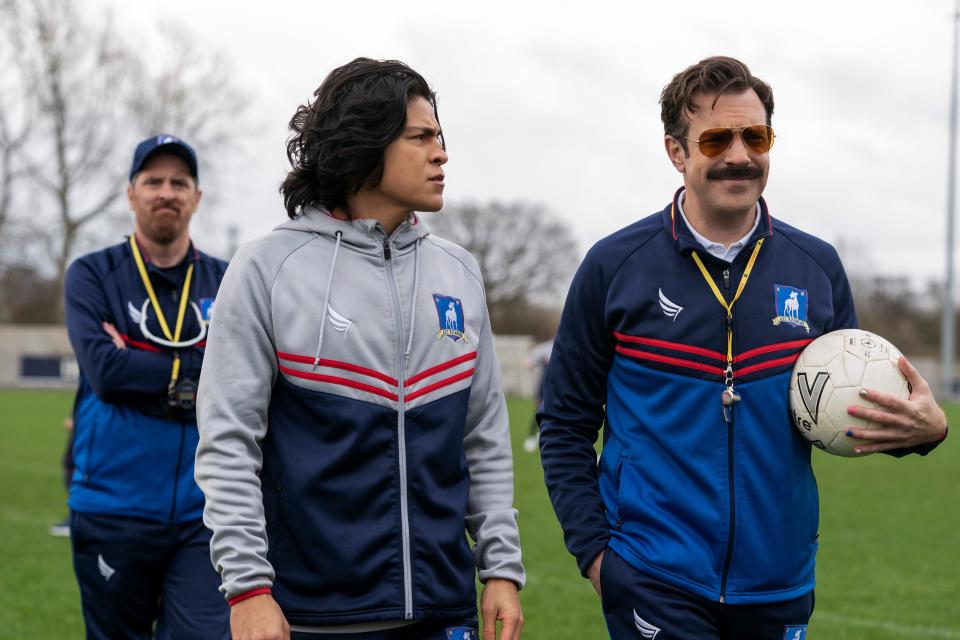 Among the stars of the Emmy-winning Apple TV+ series "Ted Lasso" are Brendan Hunt (left) as Coach Beard, Cristo Fernández as AFC Richmond player Danny Rojas and Jason Sudeikis as coach Ted Lasso.