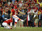 KANSAS CITY, MO - OCTOBER 31: Kicker Matt Succop #6 of the Kansas City Chiefs kicks a game-winning field goal in overtime to win the game against the San Diego Chargers on October 31, 2011 at Arrowhead Stadium in Kansas City, Missouri. (Photo by Jamie Squire/Getty Images)