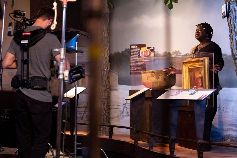 Novella Nimmo is filmed during a scene of “Black History Honors” at the National Underground Railroad Freedom Center in January.