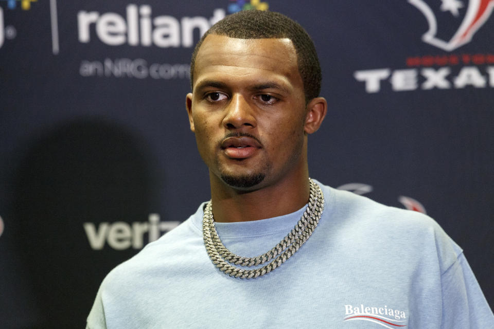 TAMPA, FL - DECEMBER 21: Quarterback Deshaun Watson #4 of the Houston Texans talk with the media during his post game press conference after the game against the Tampa Bay Buccaneers at Raymond James Stadium on December 21, 2019 in Tampa, Florida. The Texans defeated the Buccaneers 23 to 20. (Photo by Don Juan Moore/Getty Images)