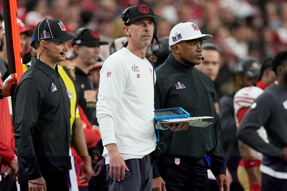 San Francisco 49ers head coach Kyle Shanahan watches play against the Kansas City Chiefs during the first half of the NFL Super Bowl 58 football game Sunday, Feb. 11, 2024, in Las Vegas.