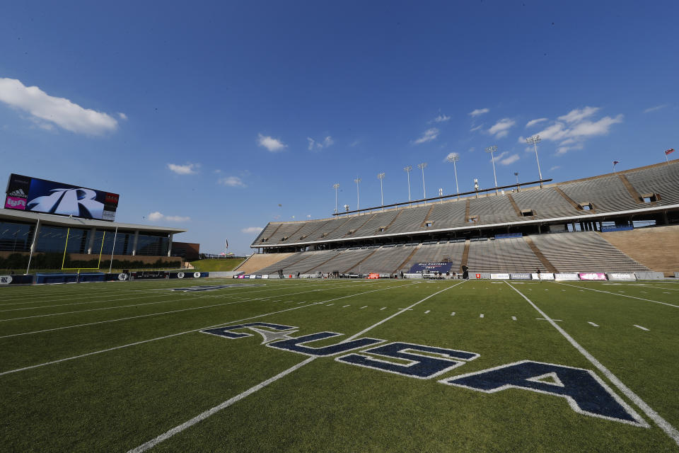 Rice Stadium and the conference USA name is seen in a general stadium view before an NCAA football game on Friday, Sept. 6, 2019 in Houston. (AP Photo/Matt Patterson)