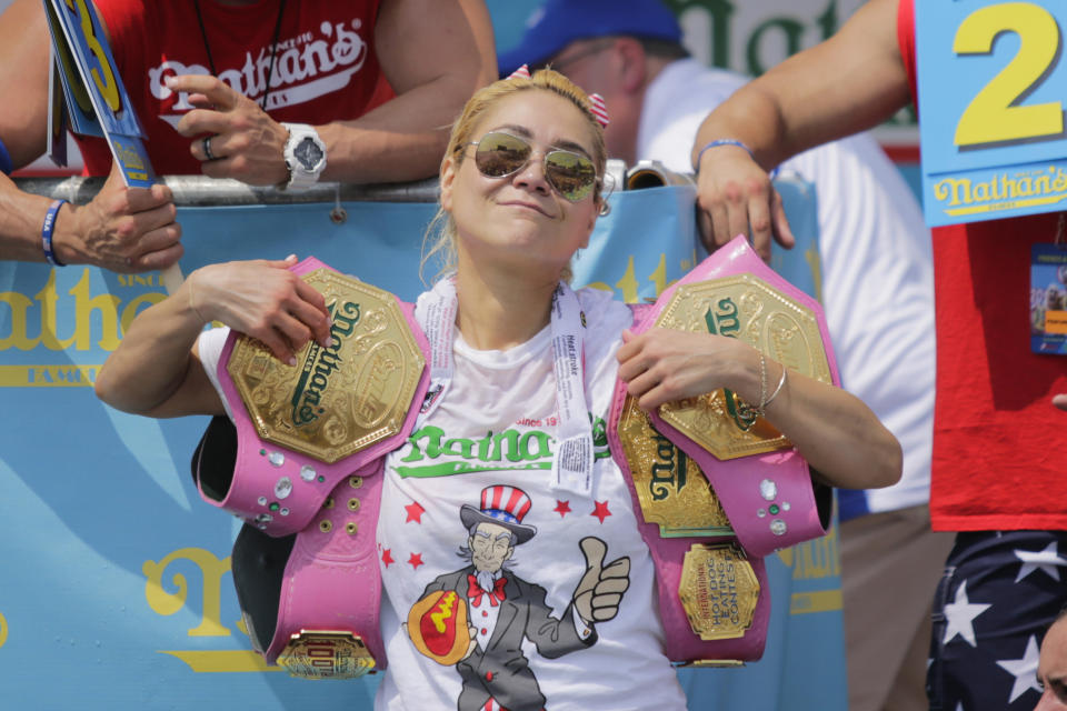 Miki Sudo celebrates after winning the women's annual Nathan's Hot Dog Eating Contest on July 4. (Photo: Eduardo Munoz Alvarez via Getty Images)