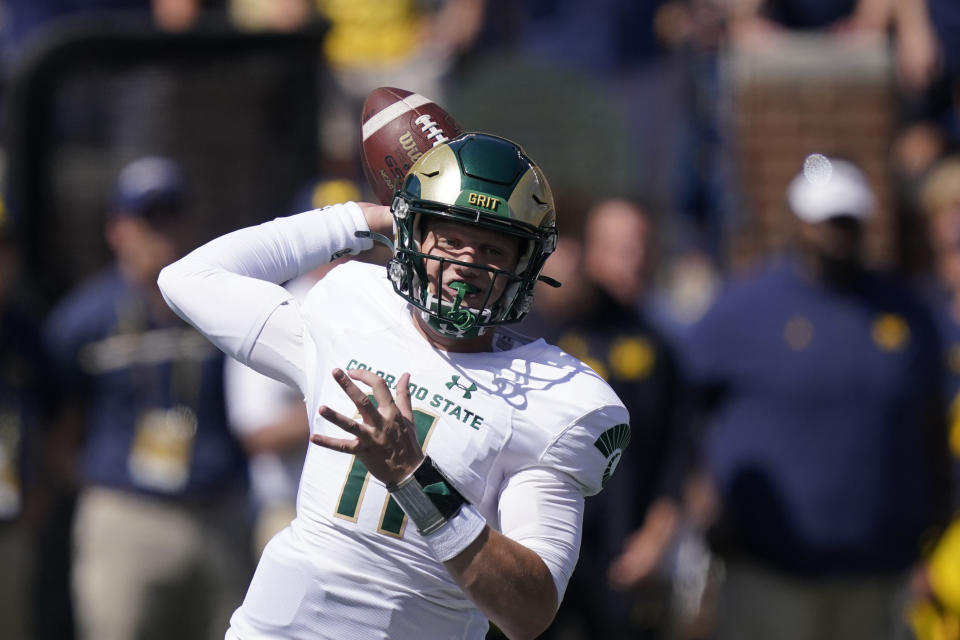 Colorado State quarterback Clay Millen throws during the first half of an NCAA college football game against Michigan, Saturday, Sept. 3, 2022, in Ann Arbor, Mich. (AP Photo/Carlos Osorio)
