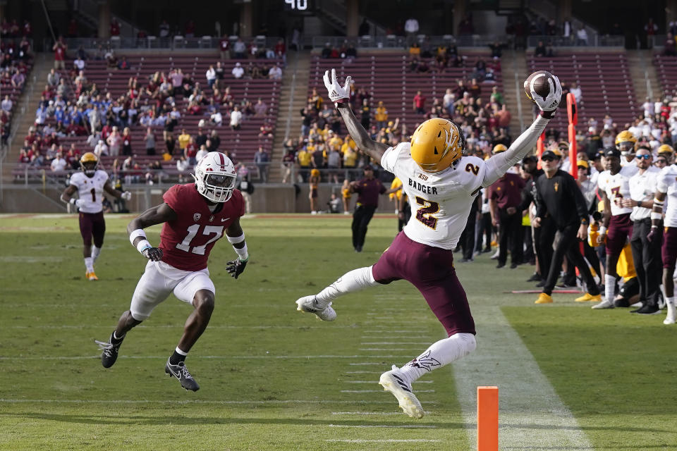 Arizona State wide receiver Elijhah Badger (2) cannot catch a pass in bounds in front of Stanford cornerback Kyu Blu Kelly (17) during the second half of an NCAA college football game in Stanford, Calif., Saturday, Oct. 22, 2022. (AP Photo/Jeff Chiu)