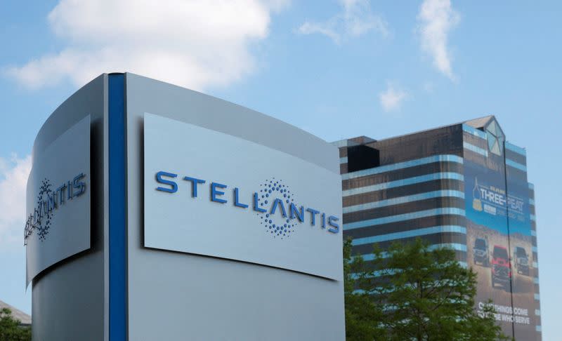 FILE PHOTO: A Stellantis sign is seen outside its headquarters in Auburn Hills,