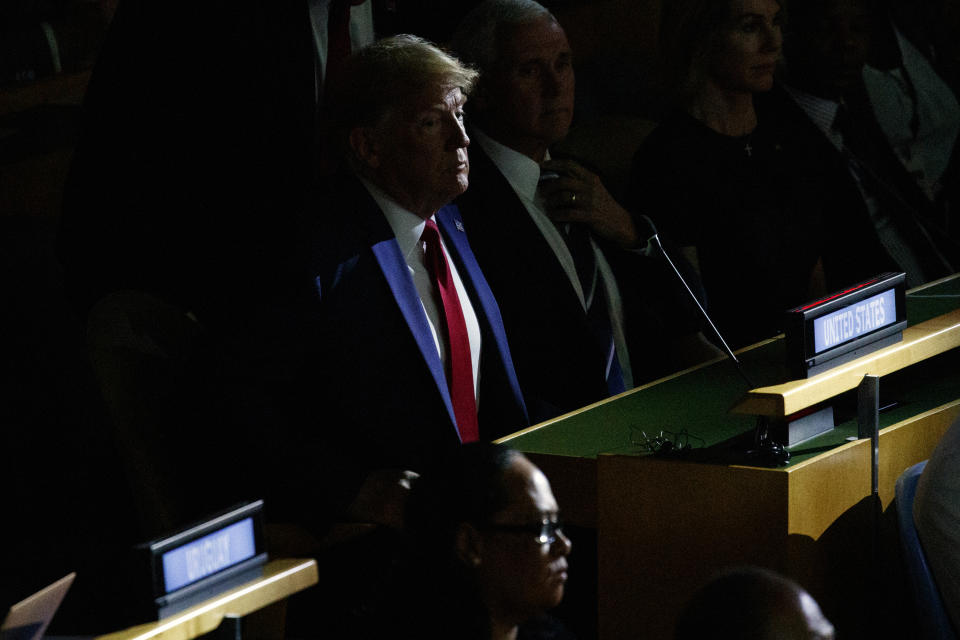 President Donald Trump listens during the United Nations Climate Action Summit during the General Assembly, Monday, Sept. 23, 2019, in New York. (AP Photo/Evan Vucci)