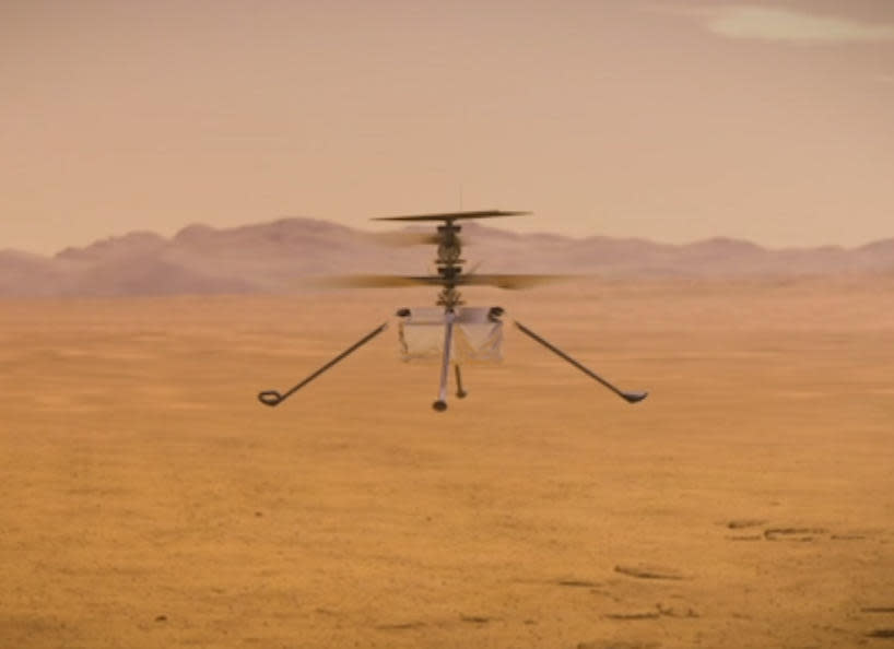 The Mars Ingenuity helicopter in a NASA video demonstration. / Credit: NASA