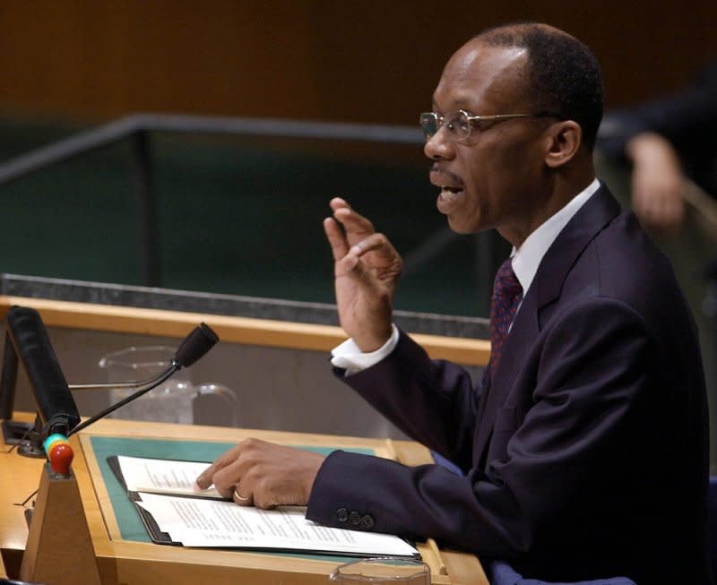 Jean Bertrand Aristide, president of Haiti, addresses the 58th session of the United Nations General Assembly on September 26, 2003, in New York City. On February 7, 1991, he was inaugurated as Haiti's first democratically elected president in 186 years. File Photo by Ezio Petersen/UPI
