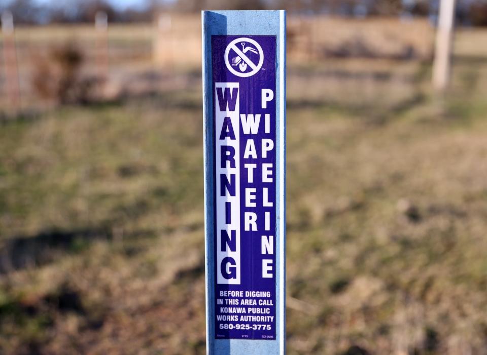 A pipeline marker is pictured Feb. 8 in Konawa.