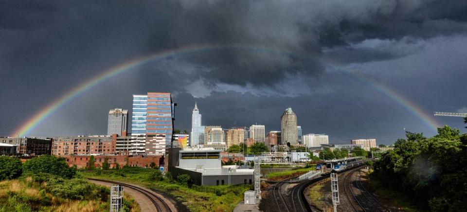 After storms pass, a rainbow appears over downtown Raleigh, N.C., as seen from the Boylan Avenue bridge Friday, May 27, 2022.