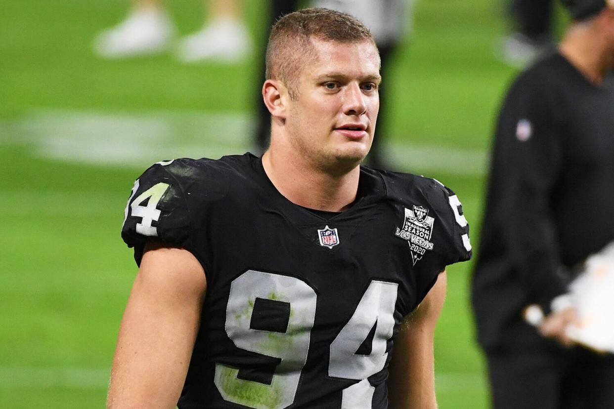 Defensive end Carl Nassib #94 of the Las Vegas Raiders walks off the field after the Raiders defeated the Denver Broncos 37-12 at Allegiant Stadium on November 15, 2020 in Las Vegas, Nevada.