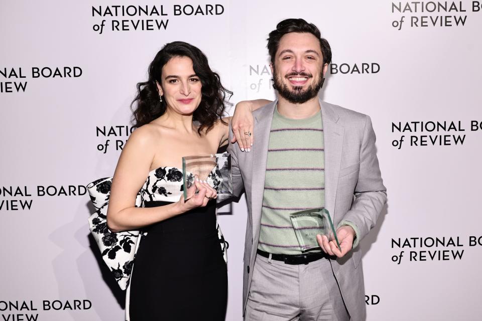 Milton native  Jenny Slate and Dean Fleischer-Camp pose backstage with the best animated feature award for “Marcel the Shell with Shoes On” during the National Board of Review 2023 Awards Gala on Jan. 8, 2023.