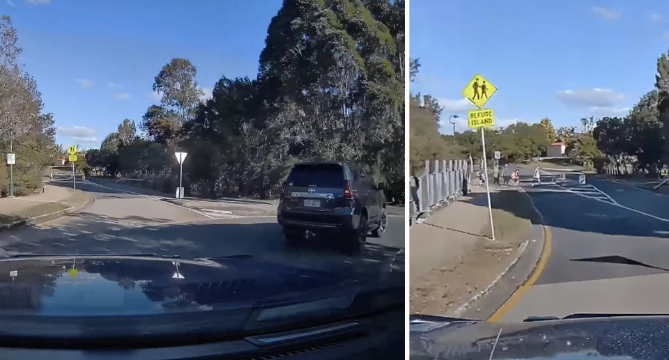 The vehicle leaves a roundabout (left) and the vehicle passes a pedestrian sign (right)