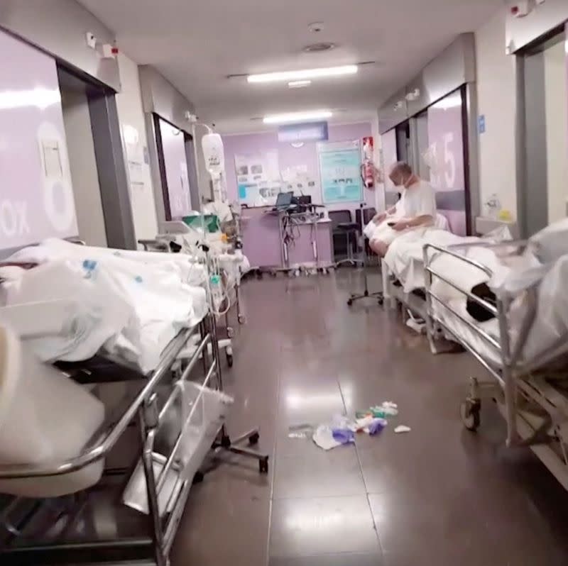 General view of a corridor with patients at an emergency unit of a Spanish hospital, as the spread of the coronavirus disease (COVID-19) continues, in Getafe