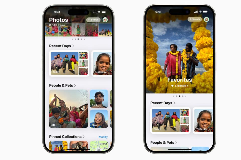 Dua iPhone yang memperlihatkan tampilan berbeda dari aplikasi Foto iOS 18 yang telah diperbarui. Latar belakang putih.