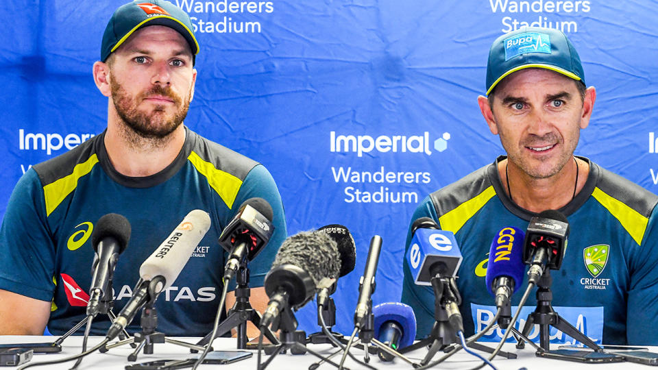 Aaron Finch says it is 'disappointing' that stories about head coach Justin Langer have leaked from the team's camp. (Photo by Sydney Seshibedi/Gallo Images/Getty Images)