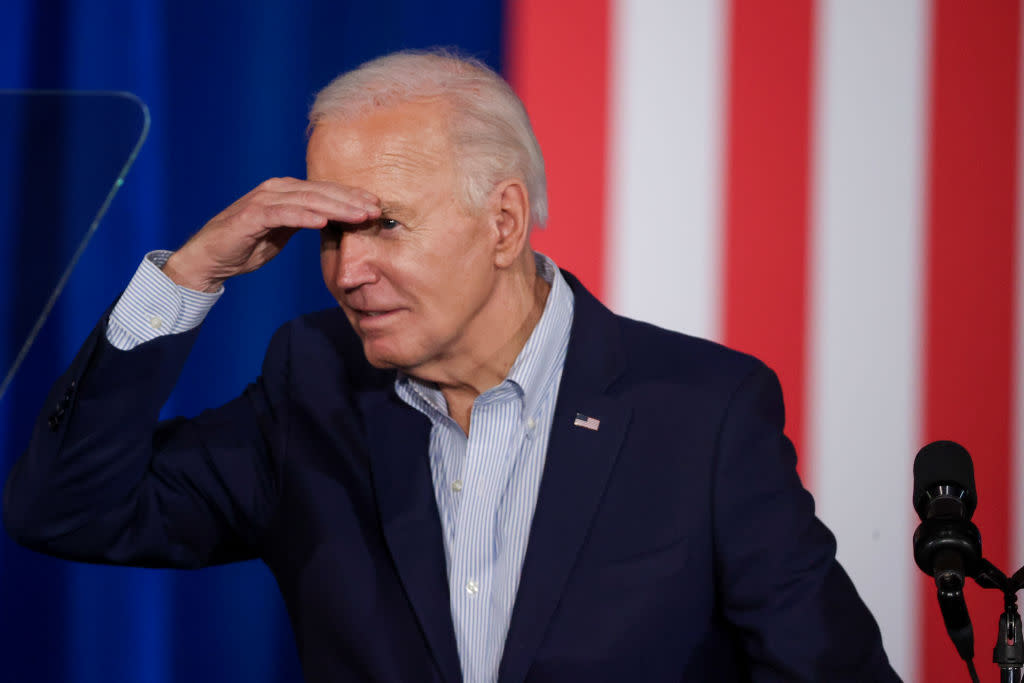 President Joe Biden looks out at the crowd while speaking at Stupak Community Center in Las Vegas, Nevada, on March 19, 2024. (Photo by Ian Maule/Getty Images)