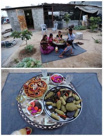 A combination picture shows a Palestinian family as they wait to break their fast (top), and their meal (bottom), during the Muslim holy month of Ramadan outside their shelter in Khan Younis, in the southern Gaza Strip June 14, 2016. REUTERS/Ibraheem Abu Mustafa