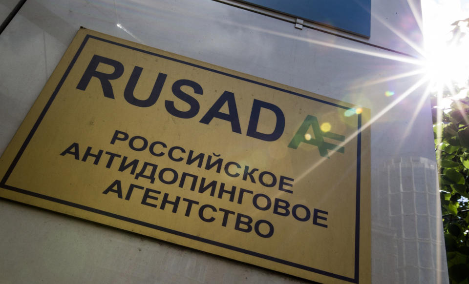 FILE -The May 24, 2016 file photo shows a RUSADA sign reading "Russian National Anti-doping Agency" on a building in Moscow, Russia. The World Anti-Doping Agency is due to vote Thursday Sept. 20, 2018, on possible reinstatement of Russia’s anti-doping agency, RUSADA, but opponents feel Russia can’t be trusted to reform without first accepting more of the blame. (AP Photo/Alexander Zemlianichenko, FILE)