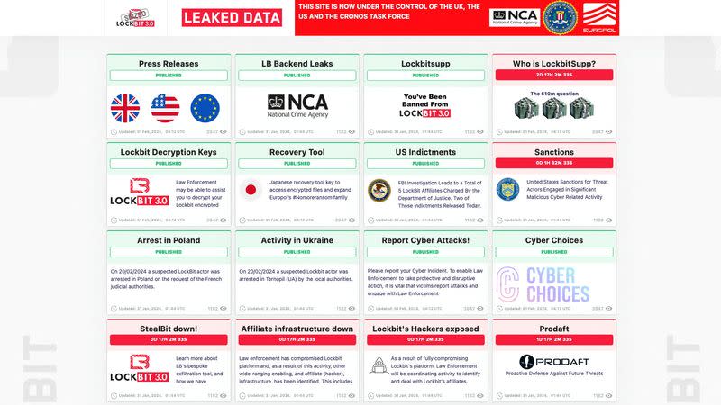 Una captura de pantalla tomada el 20 de febrero de 2024 muestra cómo aparece un sitio de la darkweb llamado Lockbit después de que las fuerzas del orden tomaran el control del mismo y lo convirtieran en un sitio de filtraciones sobre el propio Lockbit