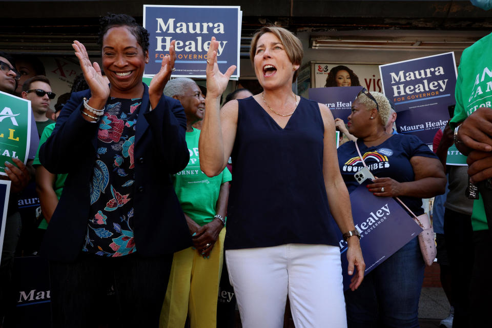 Boston, MA - August 6: Attorney General candidate and former Boston City Councilor Andrea Campbell, left, and Attorney General of Massachusetts and gubernatorial candidate Maura Healey speak to supporters at a canvas kickoff in the Mattapan neighborhood. / Credit: Craig F. Walker/The Boston Globe via Getty Images