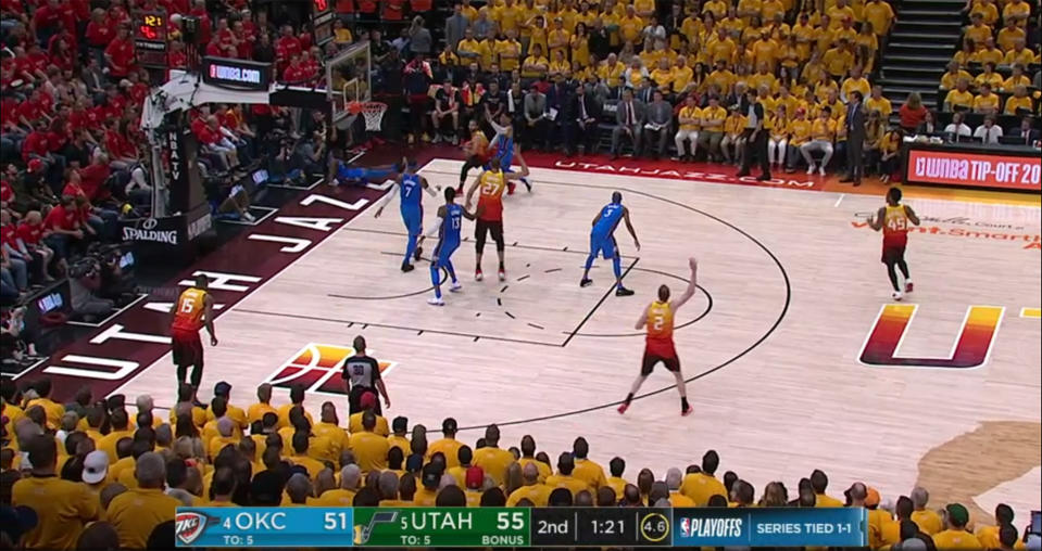 Ricky Rubio spots Joe Ingles on the wing. (Screencap via NBA)