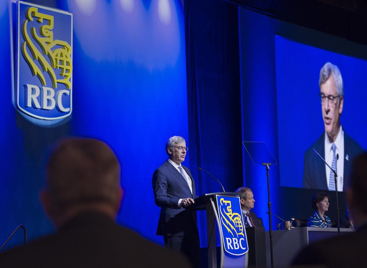 David McKay, president and CEO of RBC, addresses the company's annual meeting in Halifax in April 2019. Representatives from Canada's five biggest banks faced questions from MPs this afternoon over their commitments to help reduce greenhouse gas emissions and spur the transition to renewable forms of energy. (Andrew Vaughan/The Canadian Press - image credit)