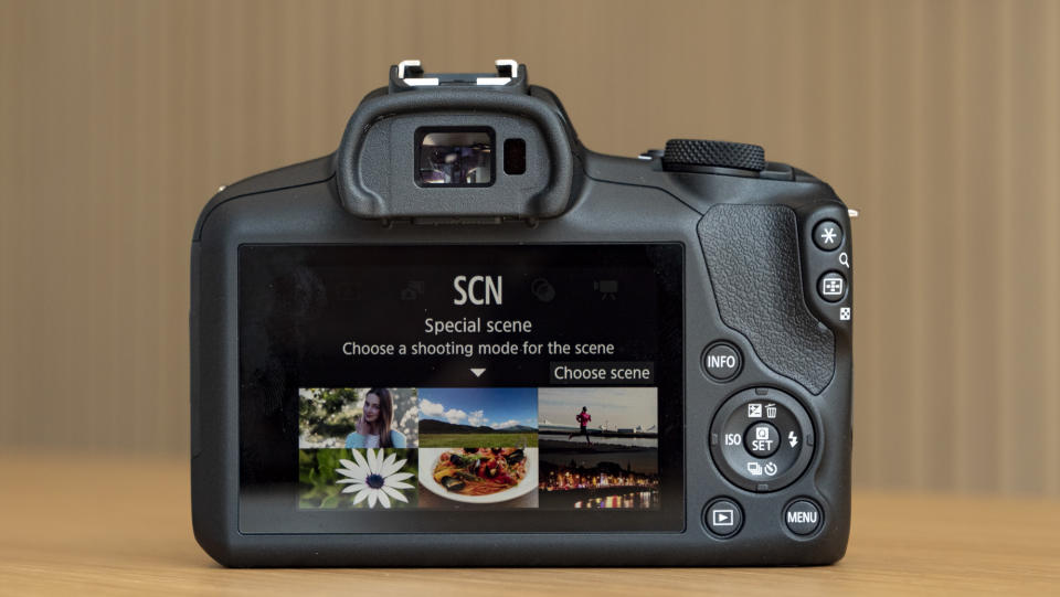 Canon EOS R100 camera in the hand rear screen with scene mode displayed