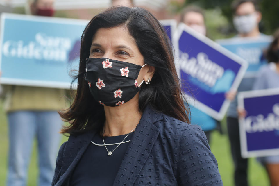 House speaker Sara Gideon, D-Freeport, speaks to news media near a polling station, Tuesday, July 14, 2020, in Portland, Maine. Gideon is one of three Democrat candidates seeking the party's nomination for U.S. Senate in the July 14 primary. (AP Photo/Elise Amendola)