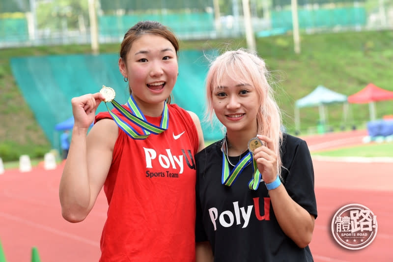兩位理大飛人梁筠宜（左）與陳佩琦包辦女子100米金、銀牌。