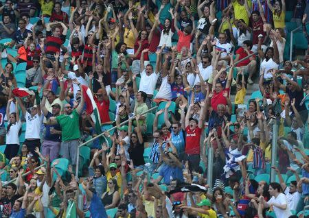 2016 Rio Olympics - Soccer - Preliminary - Men's First Round - Group C Fiji v Mexico - Fonte Nova Stadium - Salvador, Brazil - 07/08/2016. Fans celebrate from the stands as Mexico and Fiji played. REUTERS/Fernando Donasci