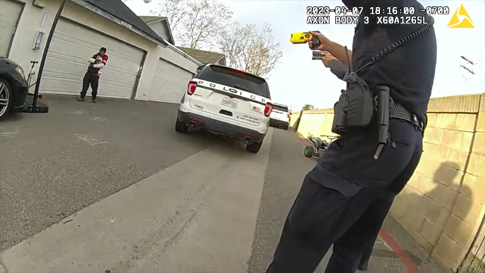 A still from body-worn camera footage of a fatal police shooting in Oxnard in the 2000 block of East Bard Road on April 7.