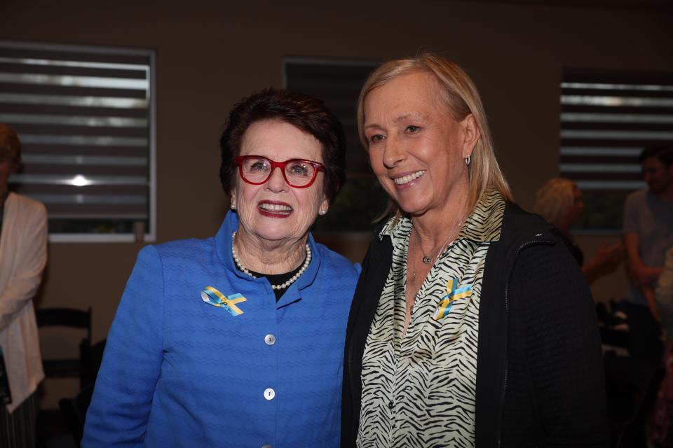 Billie Jean King poses with Martina Navratilova at the 11th annual Annalee Thurston Award reception honoring King on March 13, 2022.