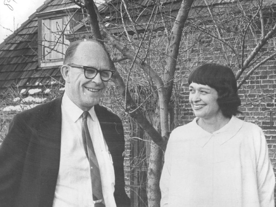 Nobel Prize winner Willard Libby and his wife, Dr. Leona Libby, stand in front of their Boulder, Colorado, home in the late 1960s