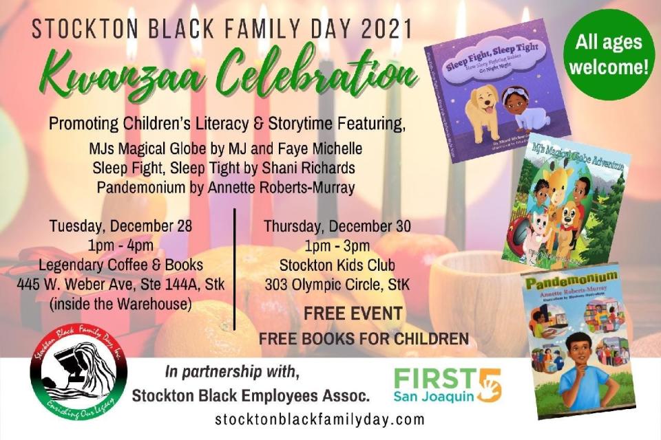 Flyer for Stockton Black Family Day's 2021 Kwanzaa Celebration in Stockton, CA.