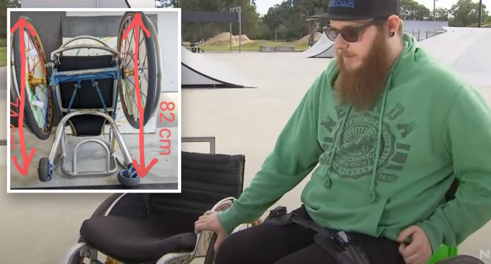 Queensland man Timothy Lachlan is pictured beside an inset of his damaged wheelchair. 