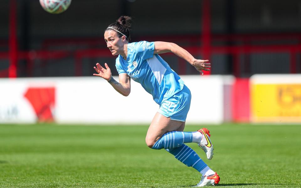 Manchester City's Lucy Bronze during The Vitality Women's FA Cup Semi-Final match between West Ham United Women and Manchester City Women at Chigwell Construction Stadium - Lynne Cameron/Manchester City FC via Getty Images