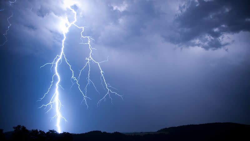 Lightning is depicted in this photo. In an unrelated event, University of Utah scientists say they recorded multiple air-to-ground gamma-ray bursts, a rare phenomenon, during a 2021 storm in the desert west of Delta.