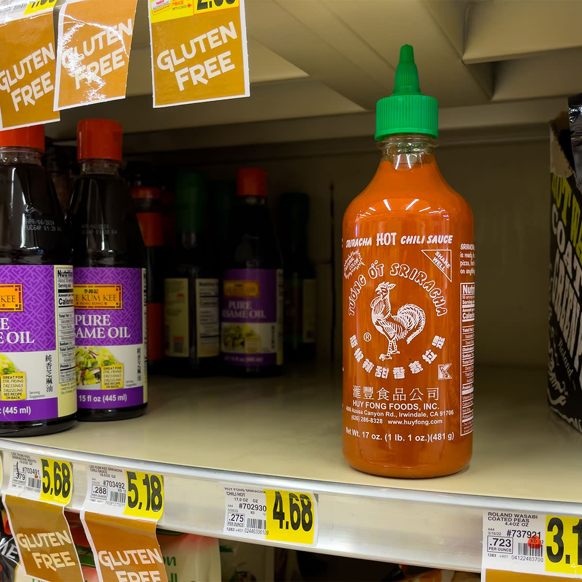 last bottle of sriracha on shelf