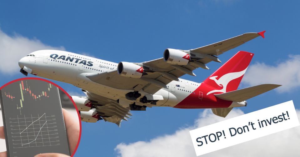 Stock price fluctuations on a phone. A Qantas plane in the sky. ASIC warning 'STOP! Don't Invest'.