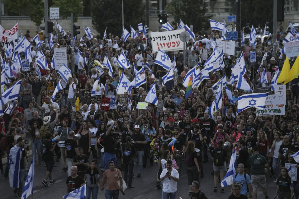 FILE - People protest against Israeli Prime Minister Benjamin Netanyahu's government and call for the release of hostages held in the Gaza Strip by the Hamas militant group, outside the Knesset, Israel's parliament in Jerusalem on May 20, 2024. (AP Photo/Mahmoud Illean, File)