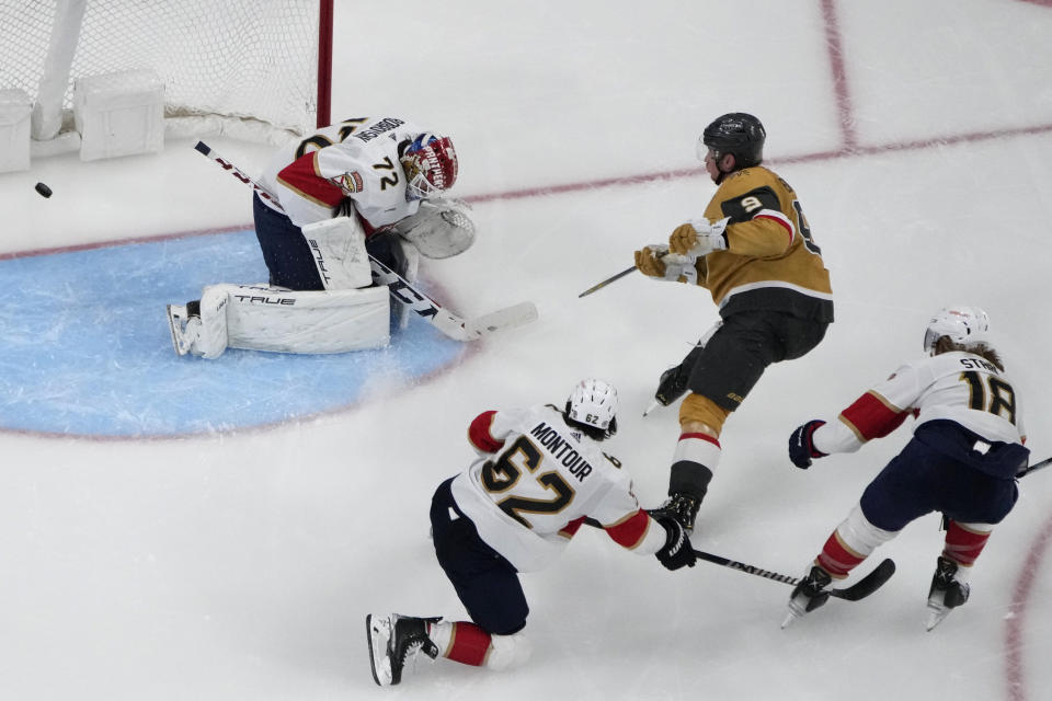 Vegas Golden Knights center Jack Eichel (9) scores on Florida Panthers goaltender Sergei Bobrovsky (72) during the third period of an NHL hockey game Thursday, Jan. 12, 2023, in Las Vegas. (AP Photo/John Locher)