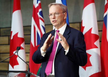 Executive Chairman of Alphabet Eric Schmidt speaks during a press conference where Alphabet Inc, the owner of Google, announced the project "Sidewalk Toronto", that will develop an area of Toronto's waterfront using new technologies to develop high-tech urban areas in Toronto, Ontario, Canada, October 17, 2017. REUTERS/Mark Blinch