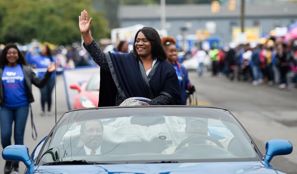 TSU President Glenda Glover waves to the crowd during the 2018 Homecoming Parade along John Merritt Boulevard on the Tennessee State University campus Saturday, Oct. 20, 2018, in Nashville, Tenn.