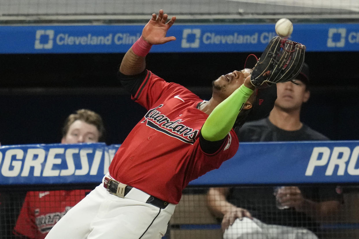 Cleveland Guardians third baseman Jose Ramirez catches a foul ball for an out against Minnesota Twins' Carlos Santana in the fourth inning of a baseball game Monday, Sept. 16, 2024, in Cleveland. (AP Photo/Sue Ogrocki)