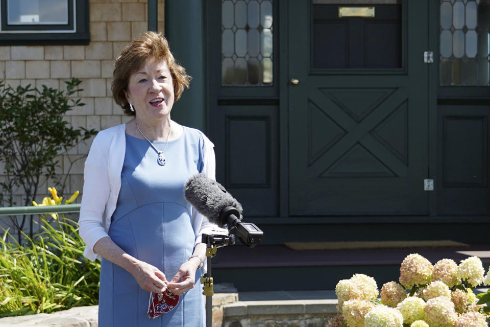 Sen. Susan Collins, R-Maine speaks after having lunch with former President George W. Bush and Laura Bush, Friday, Aug. 21, 2020, in Kennebunkport, Maine. (AP Photo/Mary Schwalm)